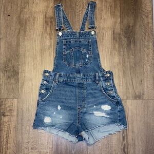 Denim Distressed Overall Shorts